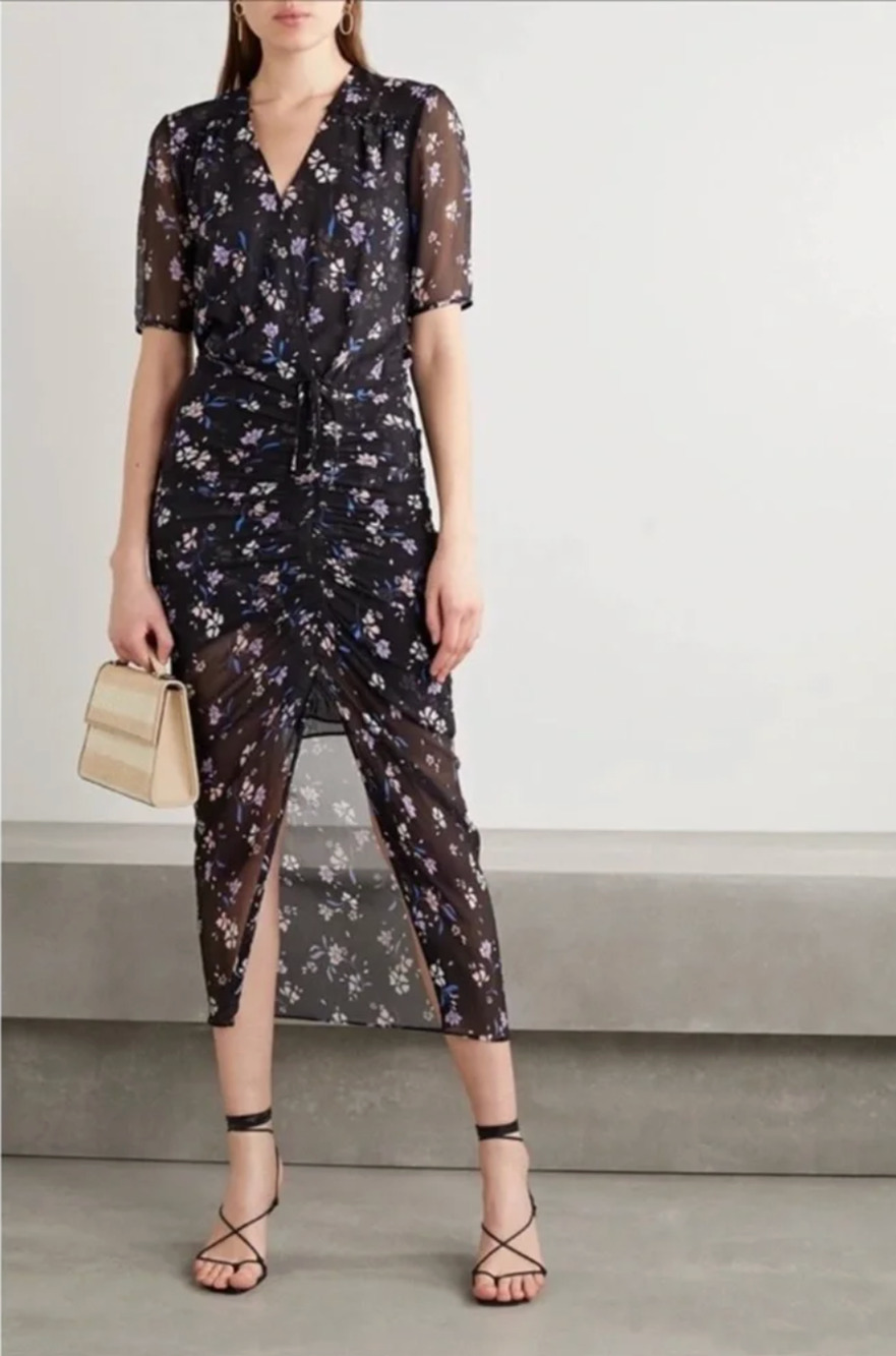 Veronica Beard 2 Mariposa 100% Silk Black Sheer Floral Chiffon Long Dress NEw